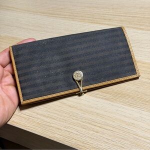 Fendi Stripe Vintage Canvas/Leather Gold Tone FF Clasp Wallet 90s